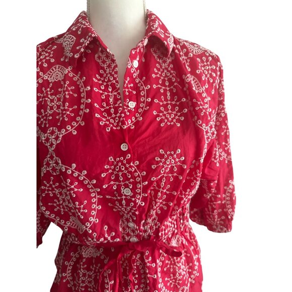 ZARA Red White Embroidered Tie Waist Dress Size Medium - Picture 6 of 9